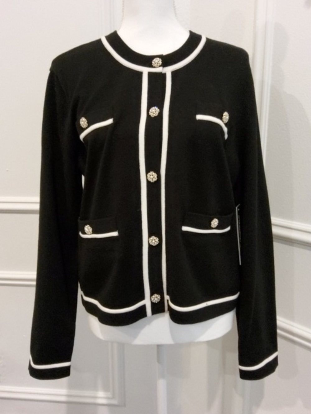 Karl Lagerfeld Black Cardigan Jacket, White Trim, Rhinestone & Pearl Buttons NWT